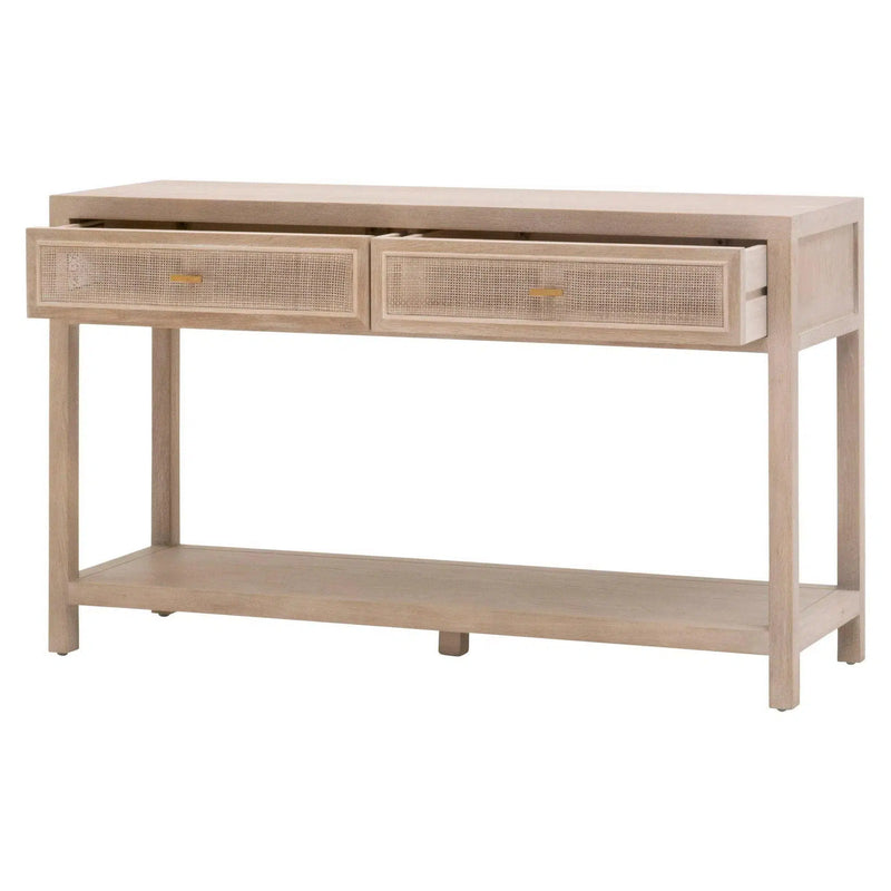 Cane 2-Drawer Entry Console Smoke Gray Oak Wood and Cane Console Tables LOOMLAN By Essentials For Living