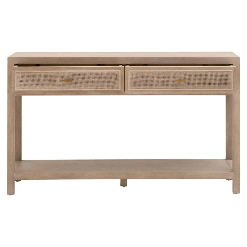 Cane 2-Drawer Entry Console Smoke Gray Oak Wood and Cane Console Tables LOOMLAN By Essentials For Living