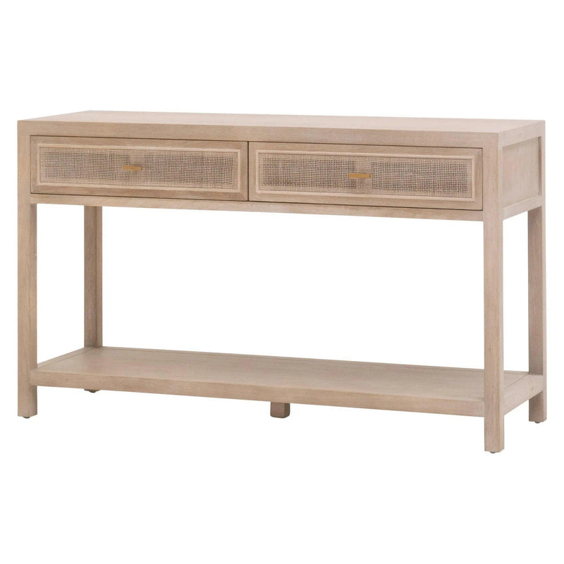 Cane 2-Drawer Entry Console Smoke Gray Oak Wood and Cane Console Tables LOOMLAN By Essentials For Living