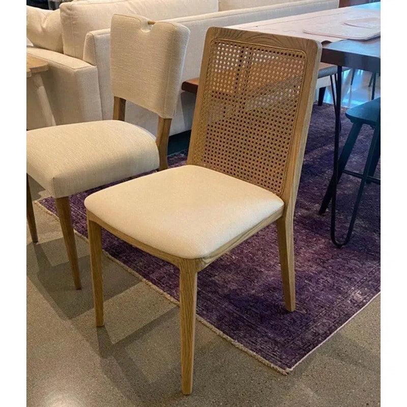 Cane Dining Chair Cream Linen & Wood Frame 2PC Set Armless Dining Chairs LOOMLAN By LH Imports