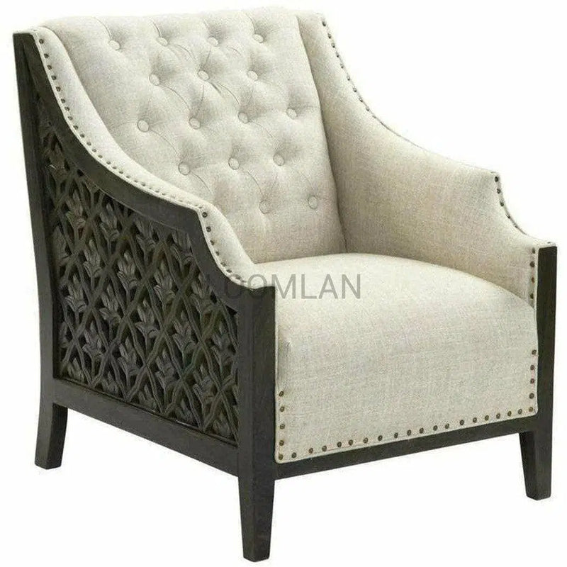 Carved Panels Button Tufted Beige Accent Chair - Noal Accent Chairs LOOMLAN By LOOMLAN