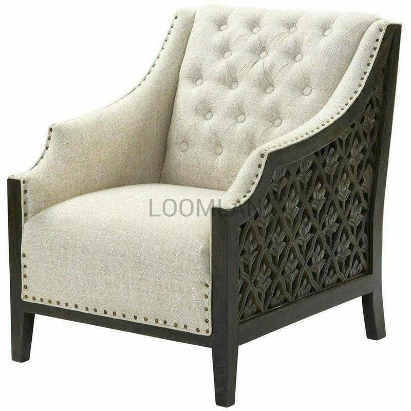 Carved Panels Button Tufted Beige Accent Chair - Noal Accent Chairs LOOMLAN By LOOMLAN