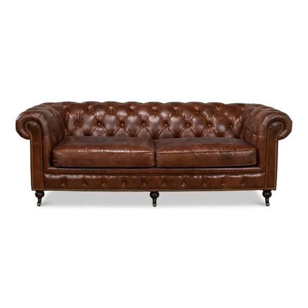 Castered Chesterfield Leather Sofa 89" Sofas & Loveseats LOOMLAN By Sarreid