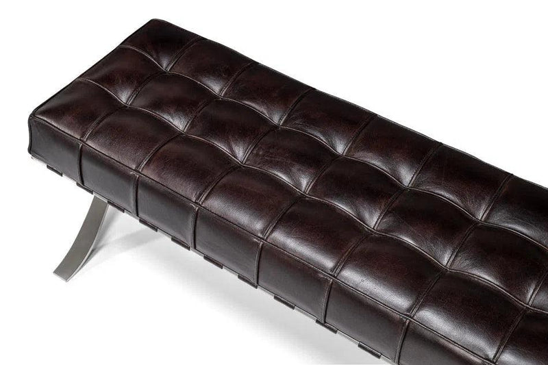 Catalunya Leather and Stainless Steel Dark Brown Long Bench Bedroom Benches LOOMLAN By Sarreid