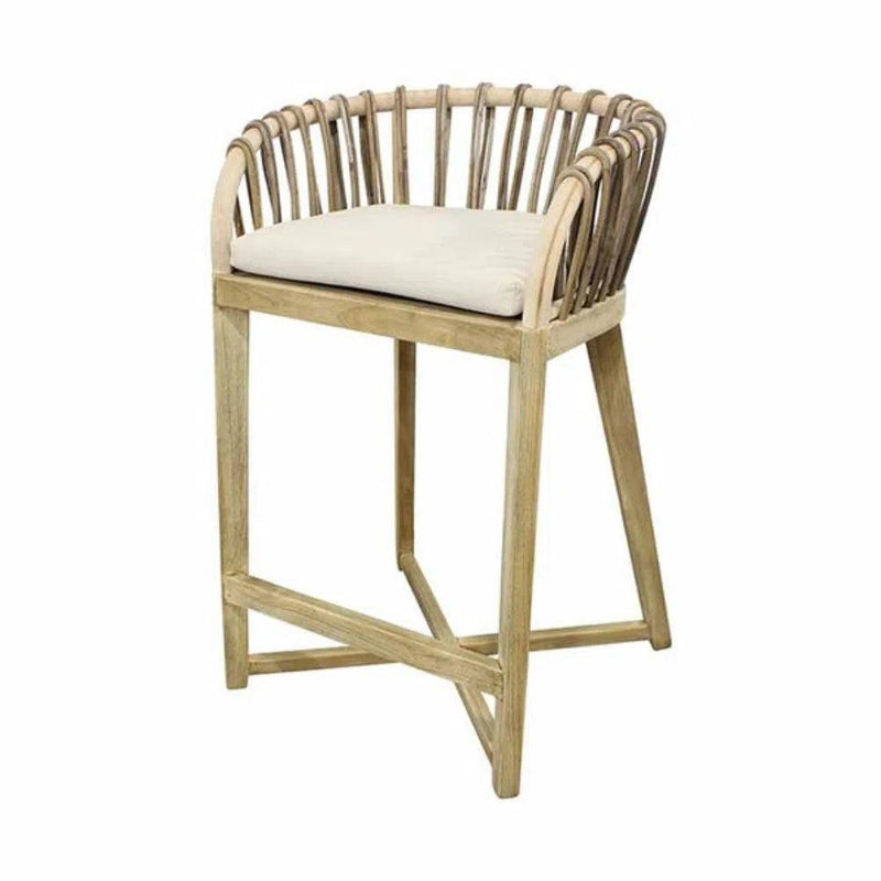 Certified Teak Wood Counter Stool With Linen Cushion Counter Stools LOOMLAN By Artesia