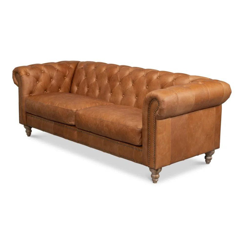 Chesterfield Kingston Sofa Tan Leather 2 Cushions Sofas & Loveseats LOOMLAN By Sarreid