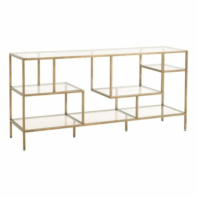 Clear Glass Gold Brass Frame Low and Wide Etagere Etageres LOOMLAN By Essentials For Living