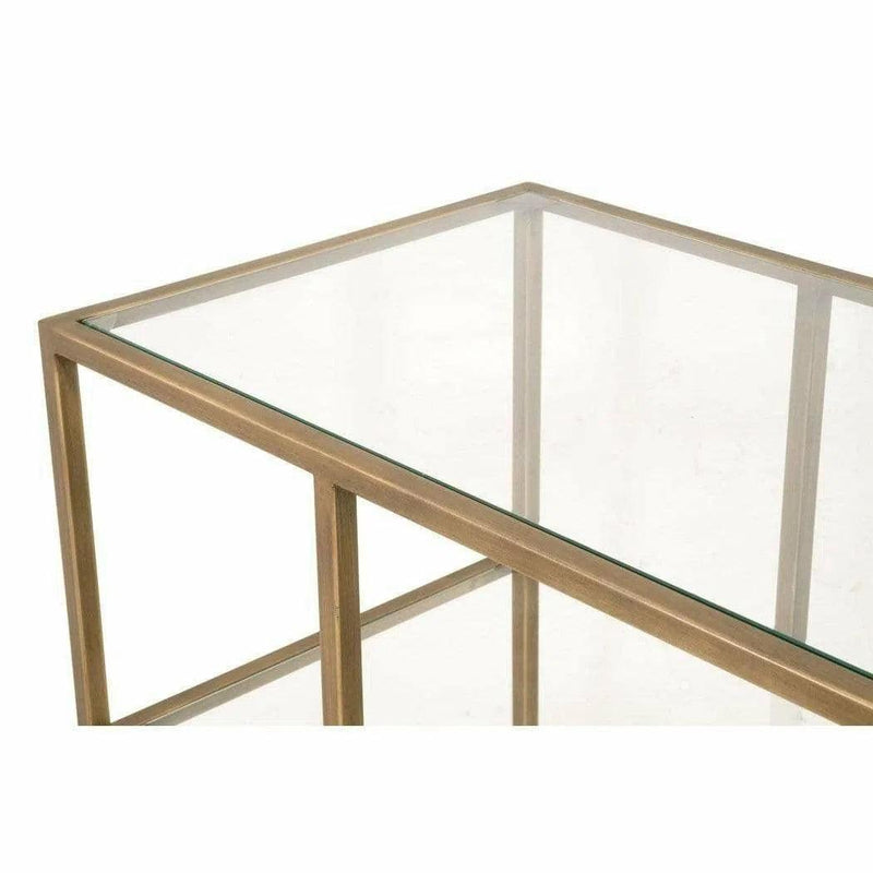 Clear Glass Gold Brass Frame Low and Wide Etagere Etageres LOOMLAN By Essentials For Living