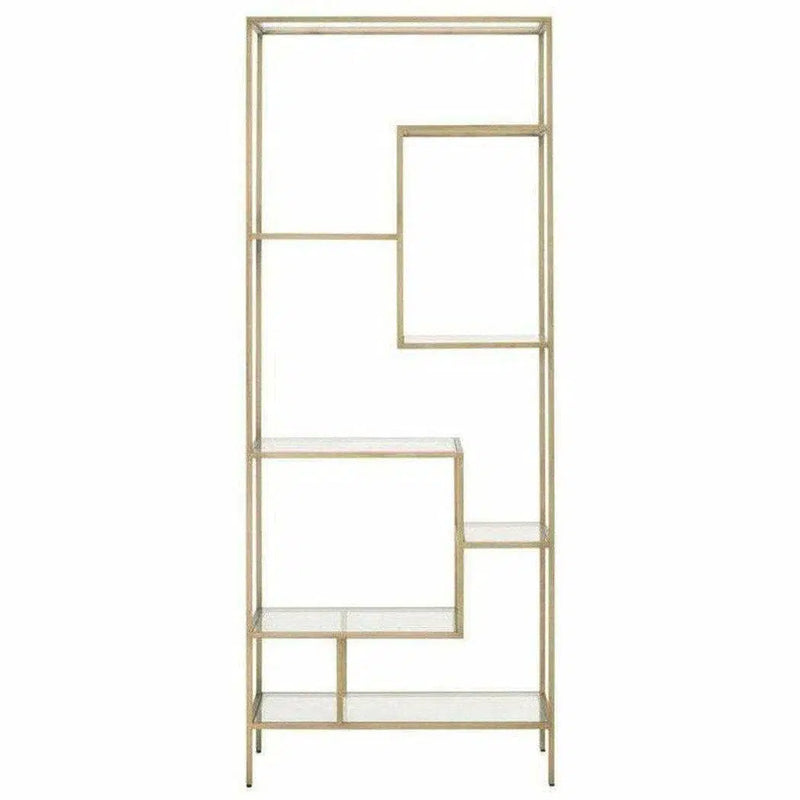 Clear Glass Gold Brass Frame Tall and Narrow Etagere Etageres LOOMLAN By Essentials For Living