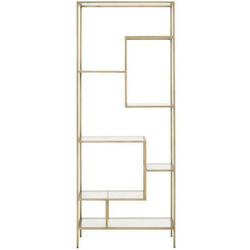 Clear Glass Gold Brass Frame Tall and Narrow Etagere Etageres LOOMLAN By Essentials For Living