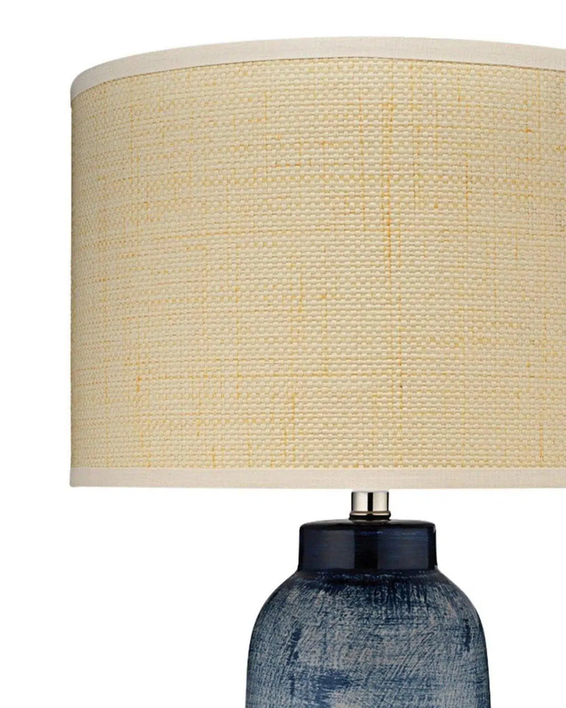 Coastal Large Batik Blue Ceramic Table Lamp Beige Shade Table Lamps LOOMLAN By Jamie Young