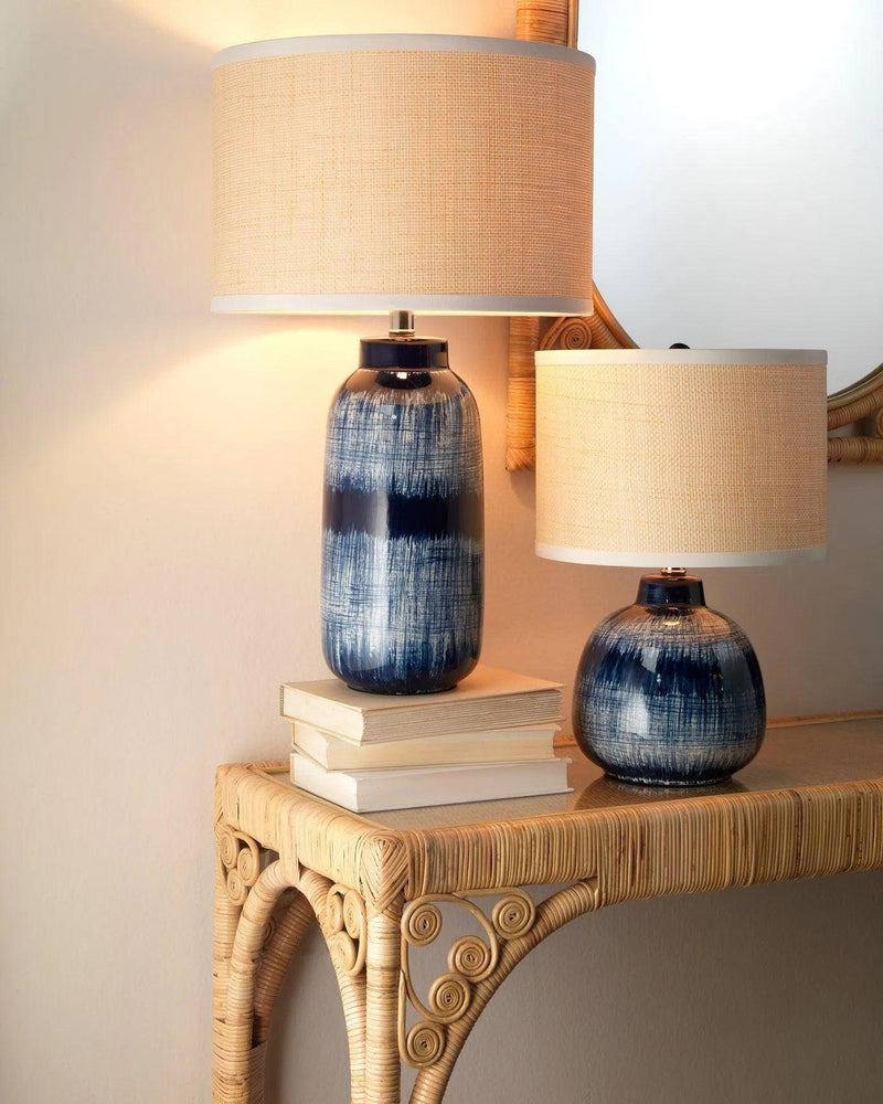 Coastal Small Batik Blue Ceramic Table Lamp White Shade Table Lamps LOOMLAN By Jamie Young