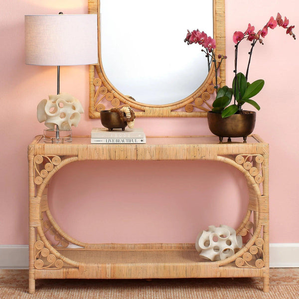 Coastal Style Brown Rattan & Tempered Glass Console Table Console Tables LOOMLAN By Jamie Young