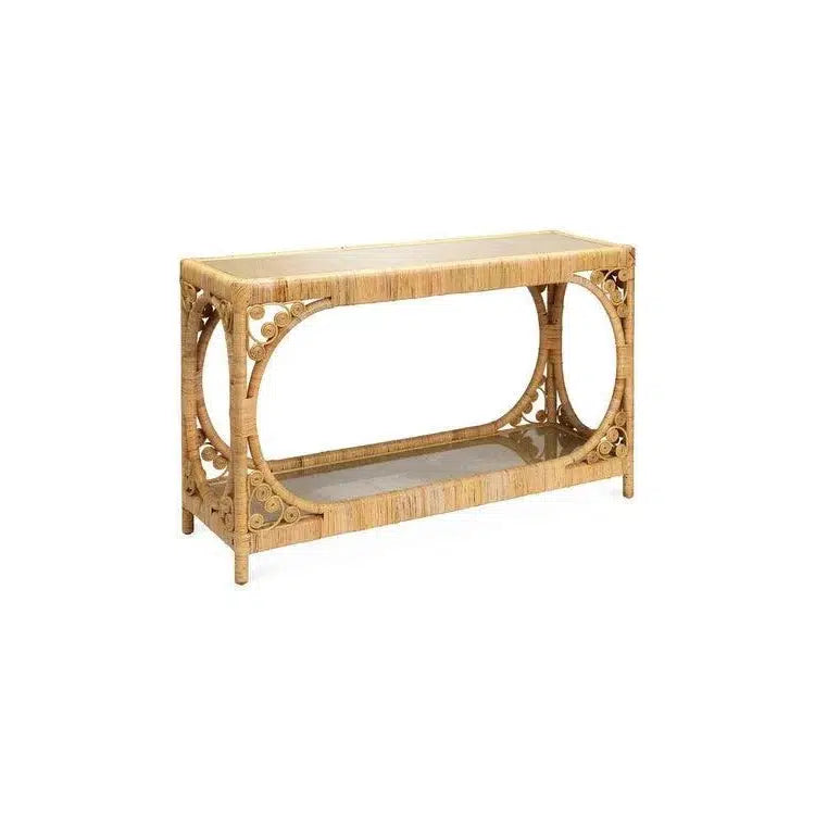 Coastal Style Brown Rattan & Tempered Glass Console Table Console Tables LOOMLAN By Jamie Young