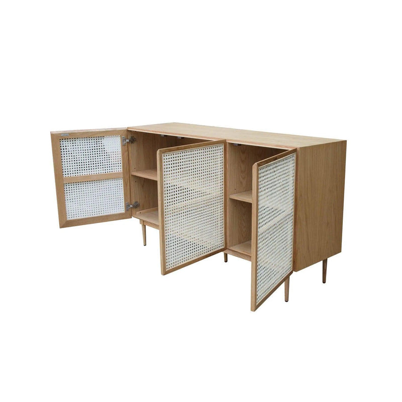 Contemporary White and Brown Solid Oak Wood and Cane Sideboard Sideboards LOOMLAN By LH Imports