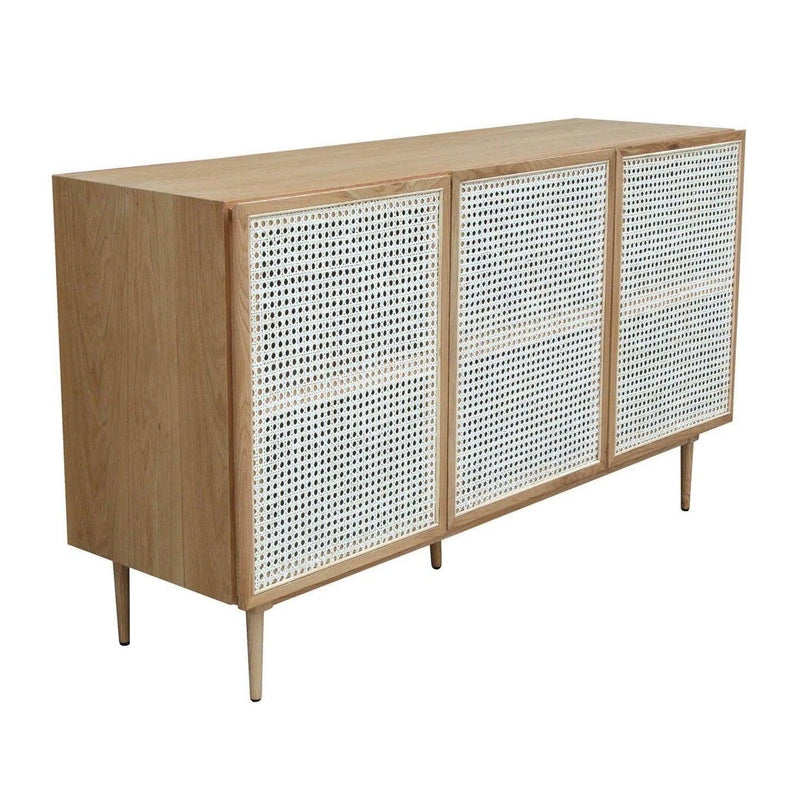 Contemporary White and Brown Solid Oak Wood and Cane Sideboard Sideboards LOOMLAN By LH Imports