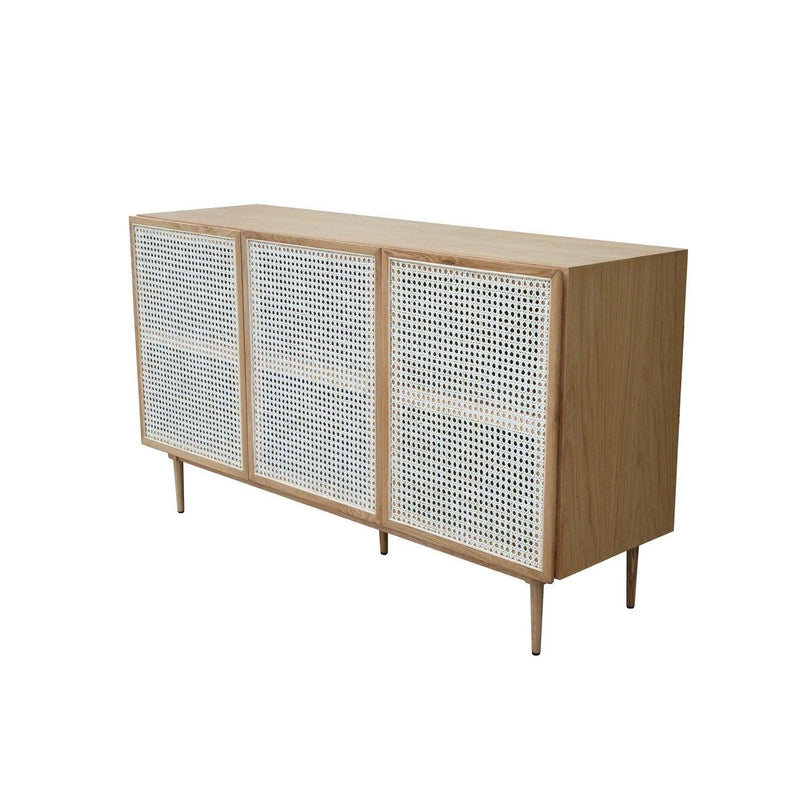 Contemporary White and Brown Solid Oak Wood and Cane Sideboard Sideboards LOOMLAN By LH Imports