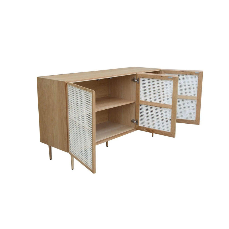 Contemporary White and Brown Solid Oak Wood and Cane Sideboard Sideboards LOOMLAN By LH Imports