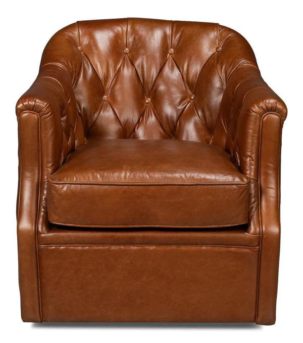 Coolidge Wood and Leather Brown Swivel Arm Chair Club Chairs LOOMLAN By Sarreid