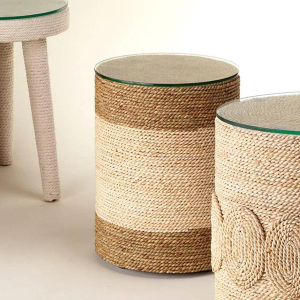 Corn Straw & Tempered Glass Modern Side Table Side Tables LOOMLAN By Jamie Young