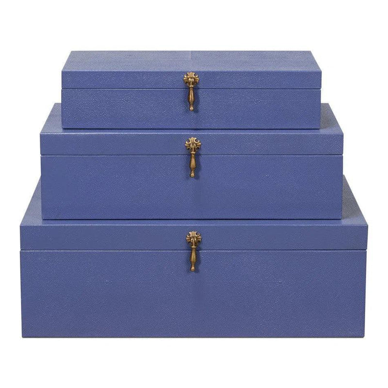 Cosmos Leather and Mdf Blue Nesting Boxes Set of 3 Boxes & Bowls LOOMLAN By Sarreid