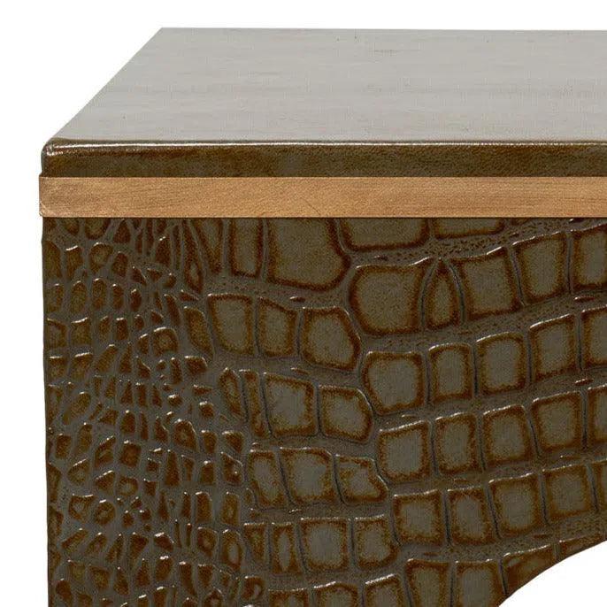 Croco Embossed Leather Brown Stool Poufs and Stools LOOMLAN By Sarreid