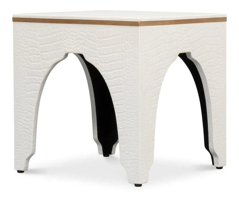 Croco Embossed Leather White Foot Stool Poufs and Stools LOOMLAN By Sarreid