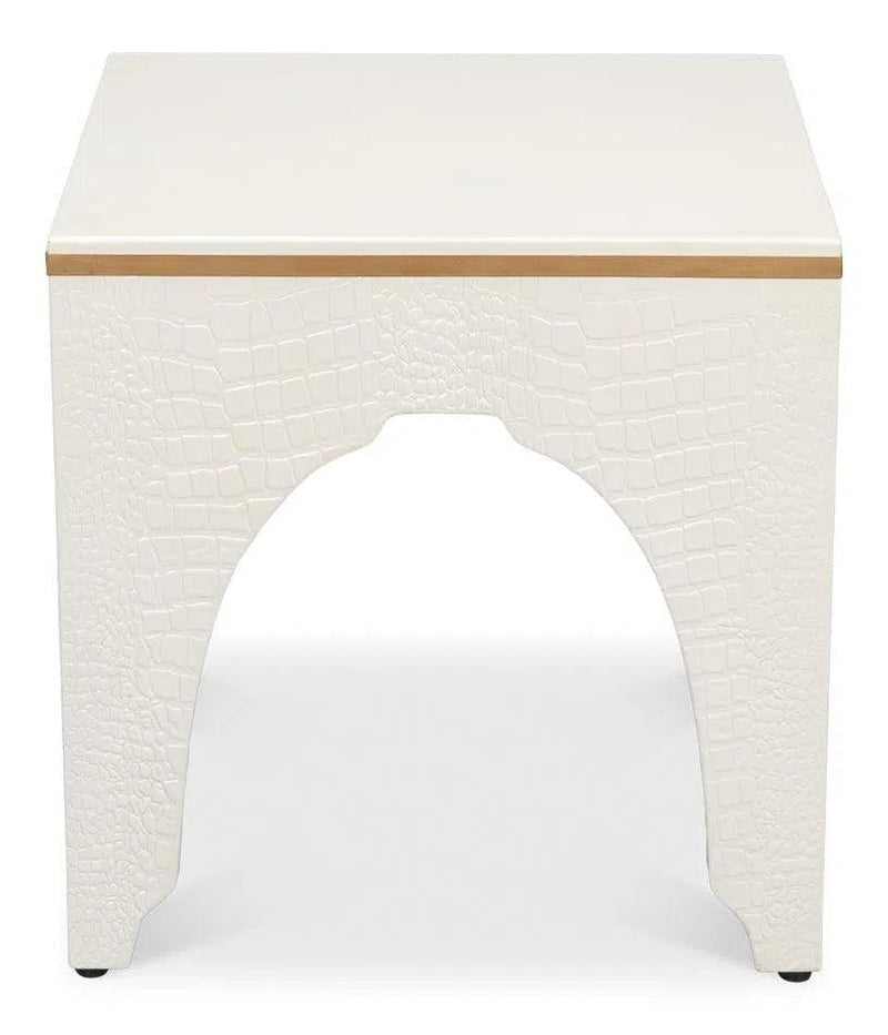 Croco Embossed Leather White Foot Stool Poufs and Stools LOOMLAN By Sarreid