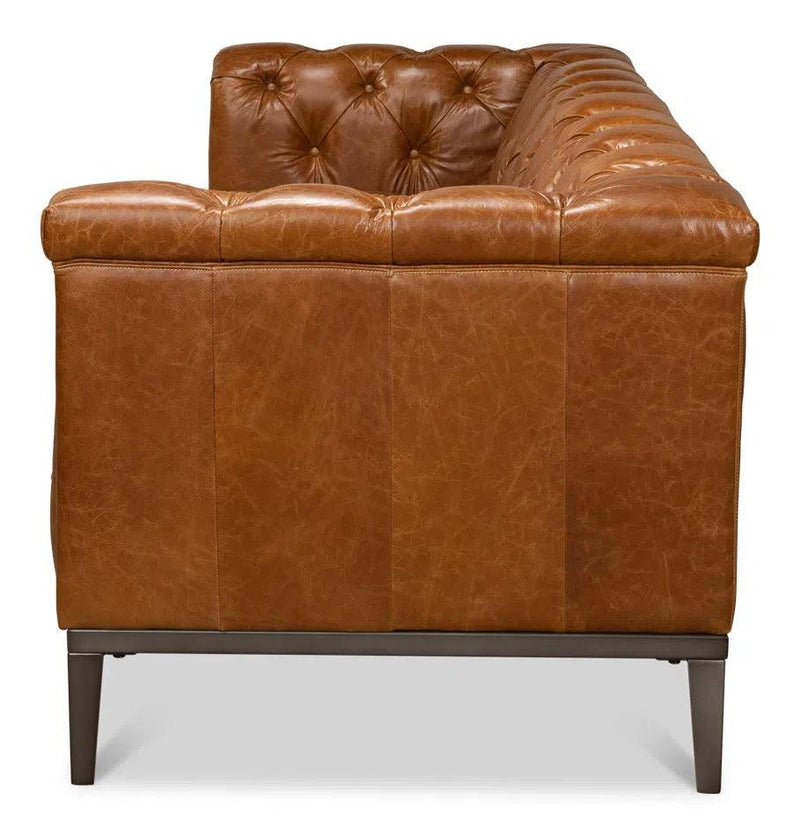 Cuba Brown Leather Chesterfield Bench Seat Couch Sofas & Loveseats LOOMLAN By Sarreid