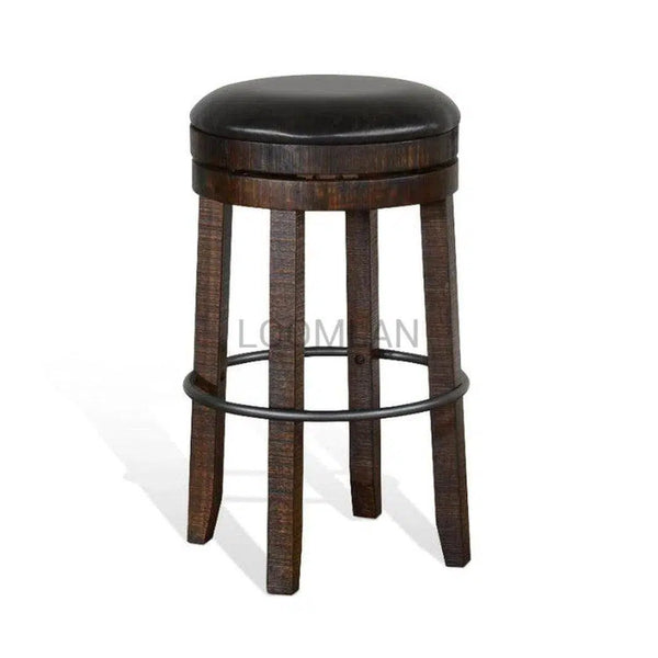 Dark Rustic Backless Swivel Bar Height Stool Black Leather Seat 30"H Bar Stools LOOMLAN By Sunny D