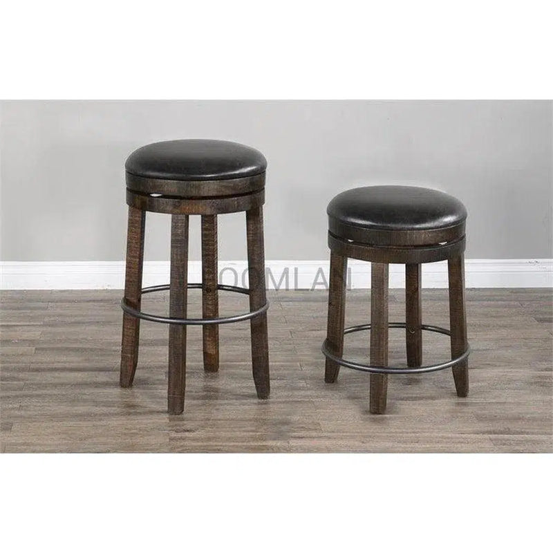 Dark Rustic Backless Swivel Bar Height Stool Black Leather Seat 30"H Bar Stools LOOMLAN By Sunny D