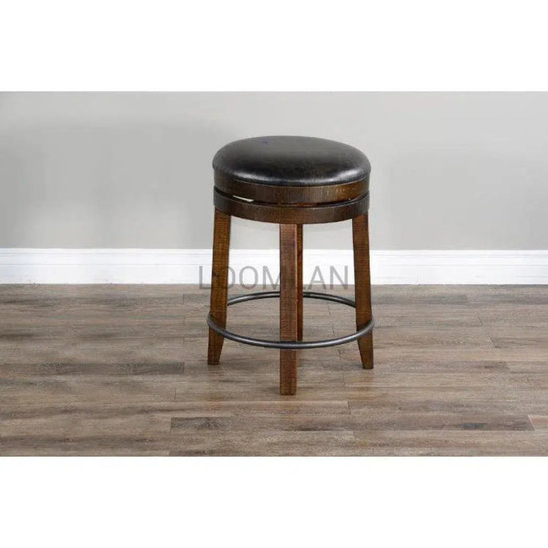 Dark Rustic Backless Swivel Counter Stool Black Leather Seat 24"H Counter Stools LOOMLAN By Sunny D