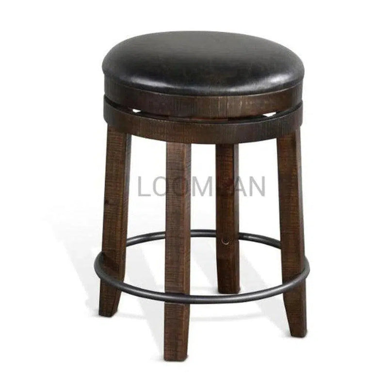 Dark Rustic Backless Swivel Counter Stool Black Leather Seat 24"H Counter Stools LOOMLAN By Sunny D