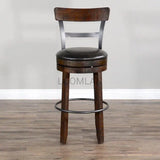 Dark Rustic Ladder Back Swivel Barstool Black Leather Seat 30"H Bar Stools LOOMLAN By Sunny D