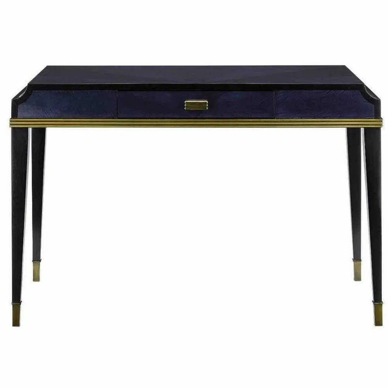 Dark Sapphire Caviar Black Antique Brass Kallista Writing Desk Home Office Desks LOOMLAN By Currey & Co