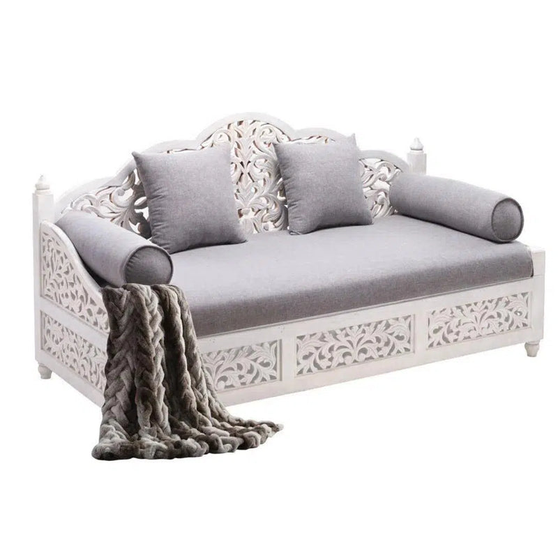 Daybed Sofa Carved White Washed Wood with Throw Pillows Sofas & Loveseats LOOMLAN By LOOMLAN