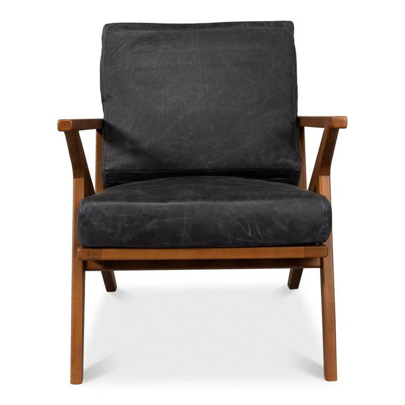 Delilah Black Leather Accent Chair Wood Arms Accent Chairs LOOMLAN By Sarreid