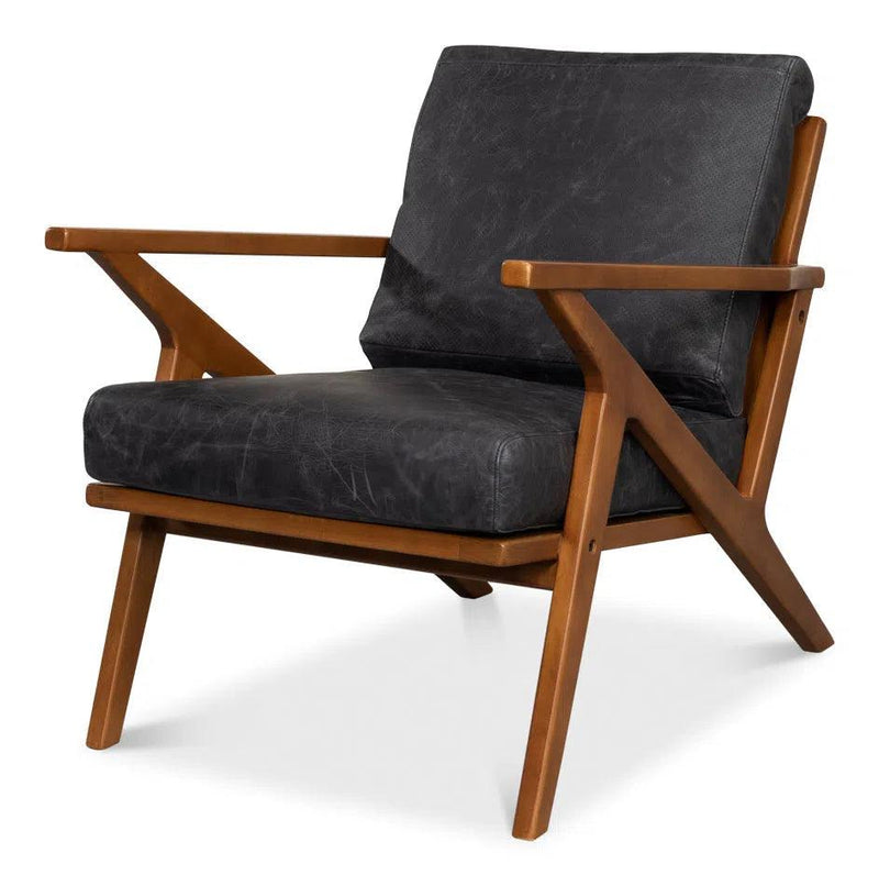 Delilah Black Leather Accent Chair Wood Arms Accent Chairs LOOMLAN By Sarreid