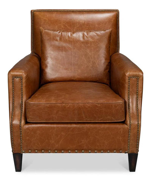 Dimity Distilled Leather and Wood Brown Arm Chair Club Chairs LOOMLAN By Sarreid