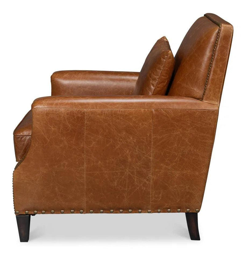 Dimity Distilled Leather and Wood Brown Arm Chair Club Chairs LOOMLAN By Sarreid