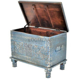 Distressed Blue Hand Carved Box Storage Trunk Trunks LOOMLAN By LOOMLAN