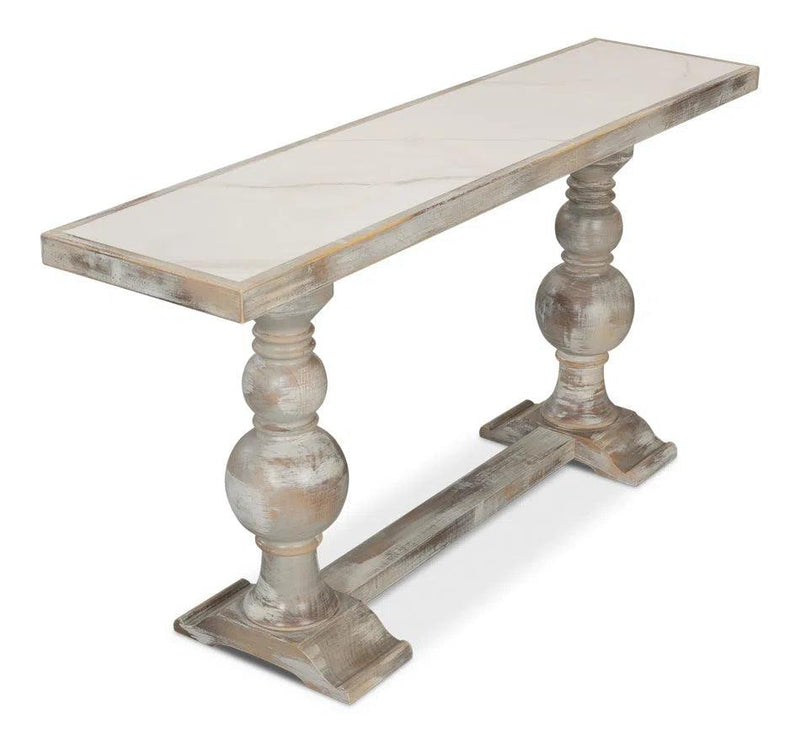 Double Pedestal Console Table Distressed White Solid Wood Console Tables LOOMLAN By Sarreid