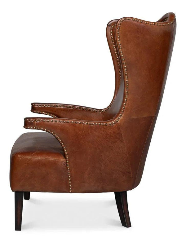 Drake Distilled Leather Accent Chair Tall Back Accent Chairs LOOMLAN By Sarreid