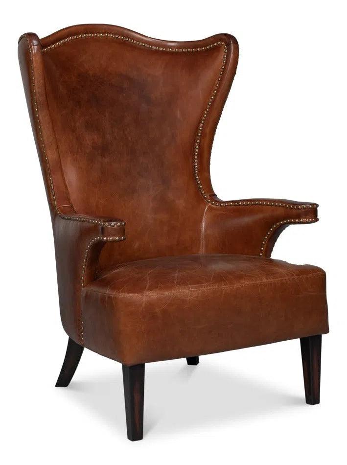 Drake Distilled Leather Accent Chair Tall Back Accent Chairs LOOMLAN By Sarreid