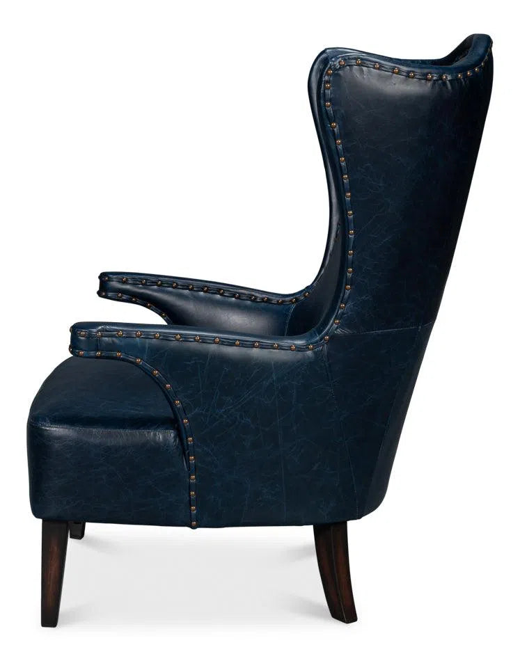 Drake Distilled Leather Blue Arm Chair Club Chairs LOOMLAN By Sarreid