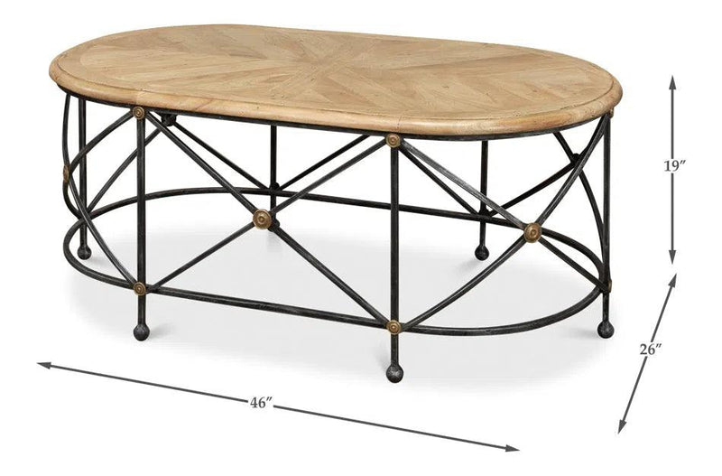 Drum & Fife Oval Coffee Table Parquet Top Reclaimed Iron Coffee Tables LOOMLAN By Sarreid