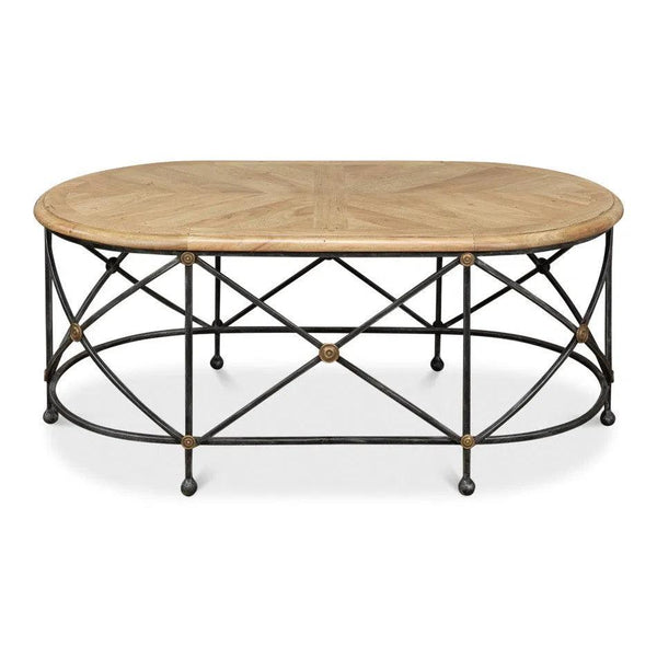 Drum & Fife Oval Coffee Table Parquet Top Reclaimed Iron Coffee Tables LOOMLAN By Sarreid