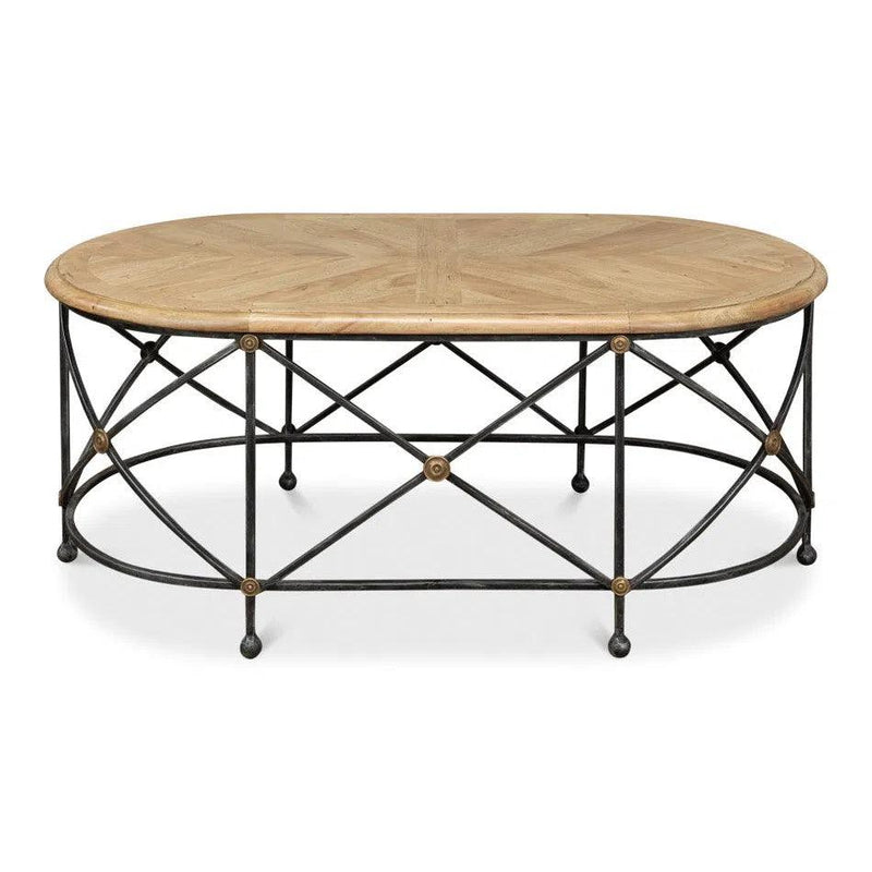 Drum & Fife Oval Coffee Table Parquet Top Reclaimed Iron Coffee Tables LOOMLAN By Sarreid