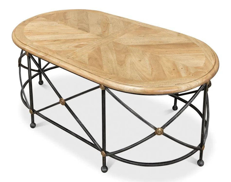 Drum & Fife Oval Coffee Table Parquet Top Reclaimed Iron Coffee Tables LOOMLAN By Sarreid