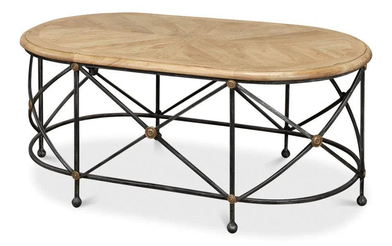 Drum & Fife Oval Coffee Table Parquet Top Reclaimed Iron Coffee Tables LOOMLAN By Sarreid